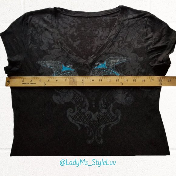 Tshirt Black Semi-sheer Slub-Knit Blue Swallows by Artist Andrea Courchene XXL - Picture 6 of 7